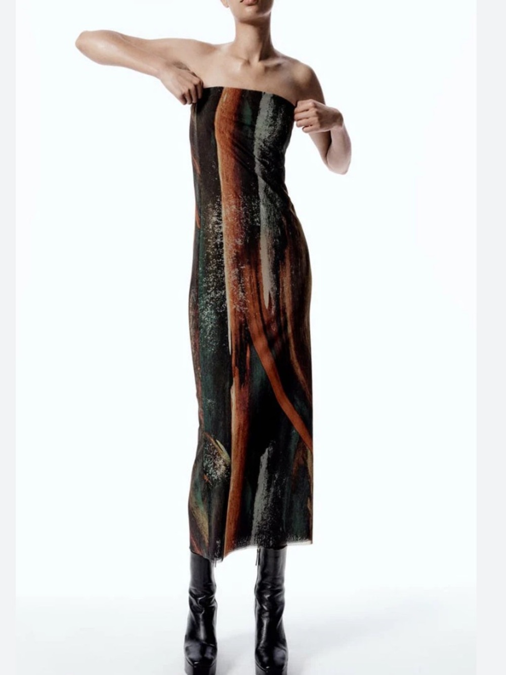Zara Abstract Printed Tulle Strapless Tube Midi Dress